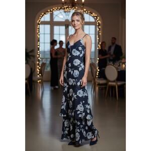 Jessica McClintock Sz 8 Vintage Y2K Blue Floral Maxi Dress Beaded Straps Formal